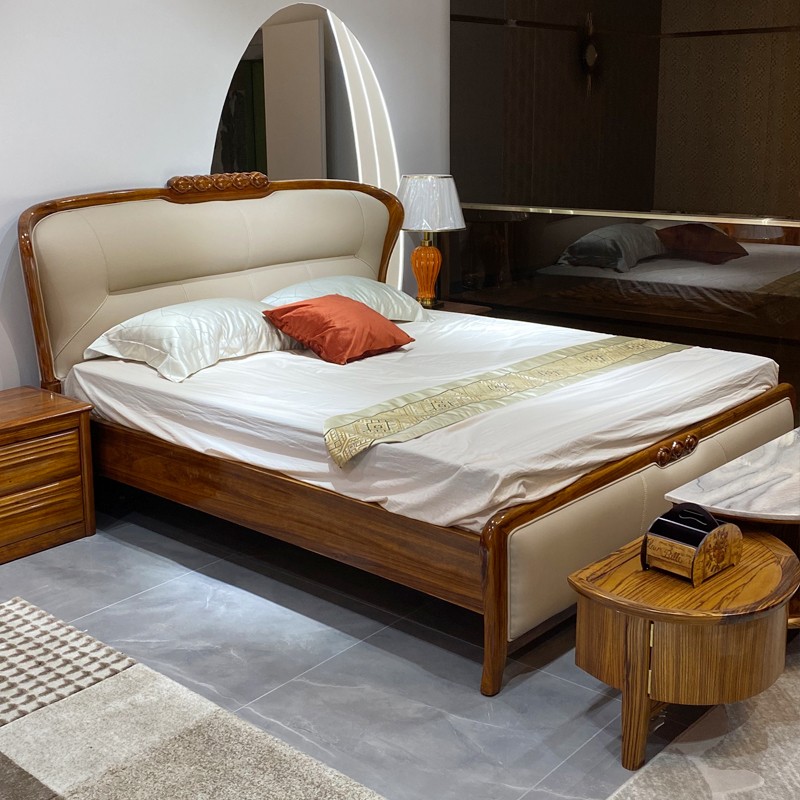 欧洛仕乌金木真皮床双人床小户型实木框架床薄款现代轻奢头层牛皮