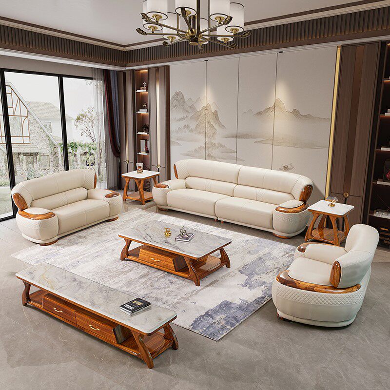 新中式乌金木真皮沙发高端别墅客厅家用现代简约实木沙发组合家俱