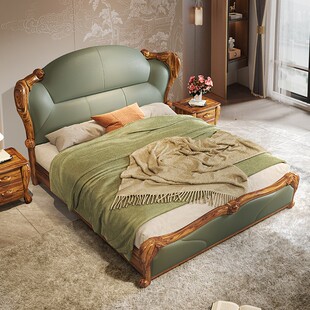 新中式乌金木真皮双人床家用实木大床高端别墅客床主卧室1米8婚床