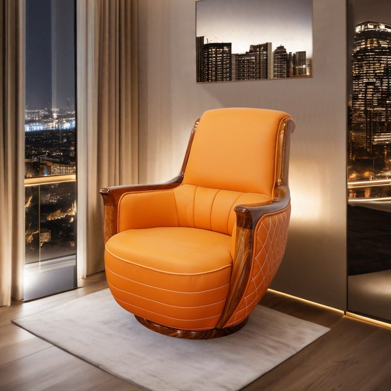 乌金休闲旋转沙发单人新中式真皮沙发高靠背设计师转椅实木老虎椅