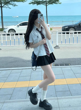 正版Jk制服基础款双压褶风琴褶短袖衬衫叠穿黑色百褶裙女学生套装