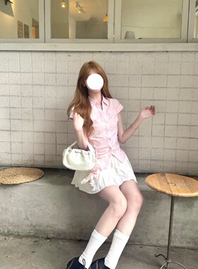 韩系学院风校供感粉色短袖衬衣夏季简约百搭甜美少女风女学生上衣