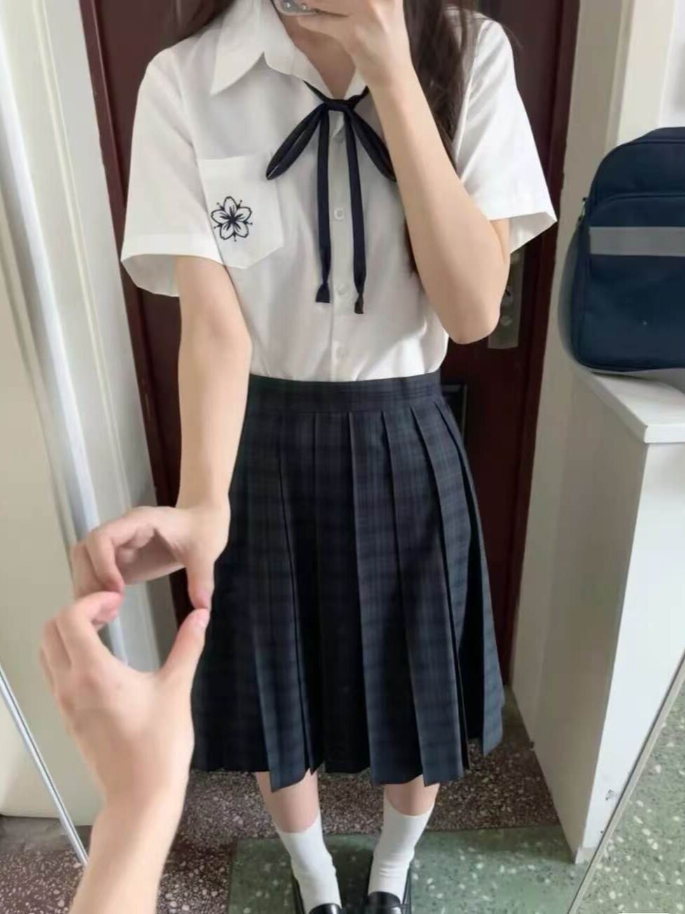 海苔jk原创制服夏季女学生甜美樱花短袖衬衫叠穿百褶中裙校服套装