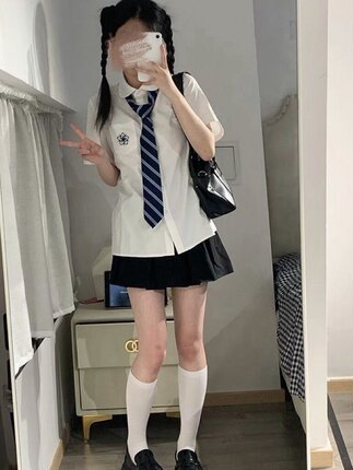 学院风Jk制服白色樱花刺绣短袖衬衫叠穿百褶裙校供夏季甜美套装女
