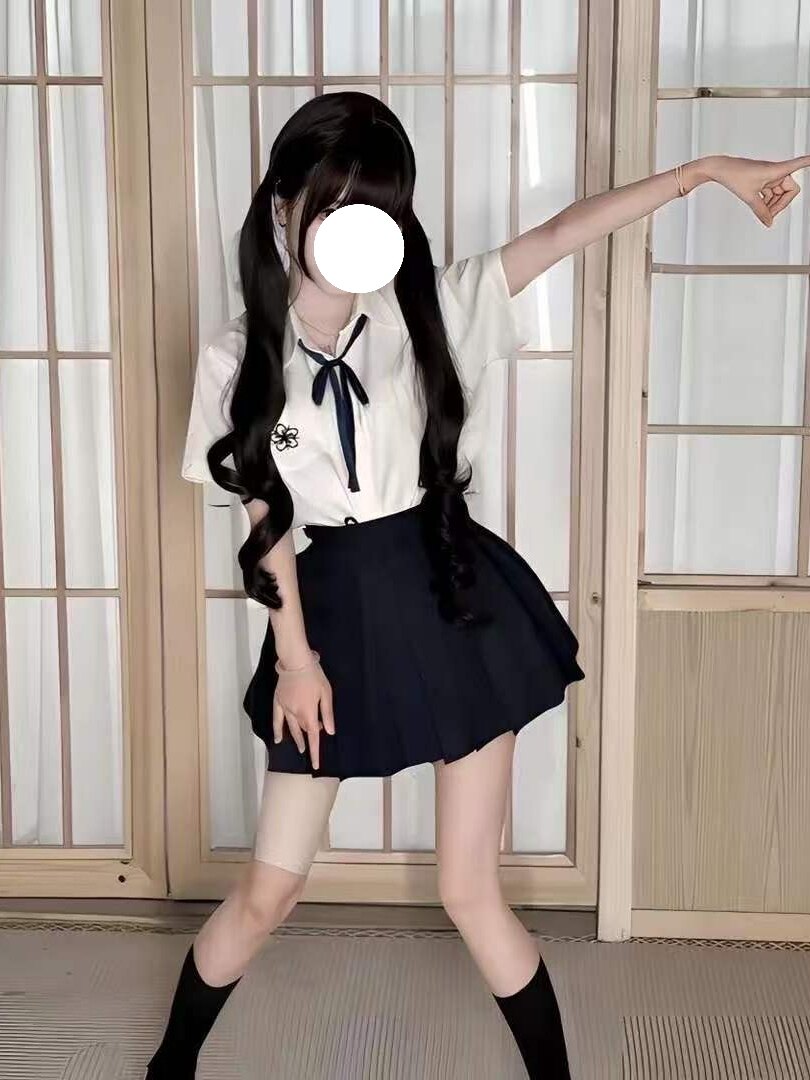日系jk制服原创女夏季樱花刺绣短袖白衬衫叠穿绀色短裙初中生套装图片