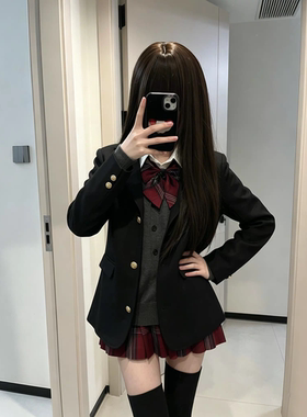 Jk制服女秋冬校供感黑色长袖西装外套叠穿针织开衫百褶裙学生套装