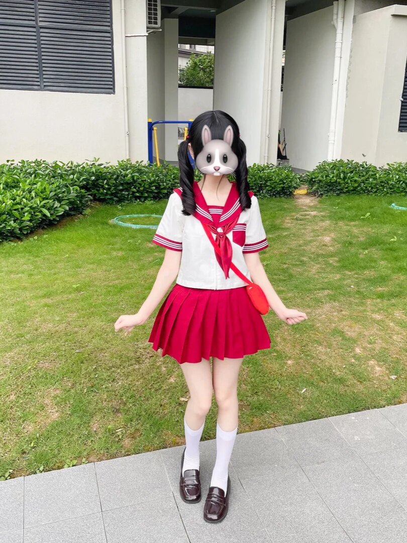 小个子水手服套装夏季Jk制服红三本短袖上衣叠穿红色百褶裙一整套图片