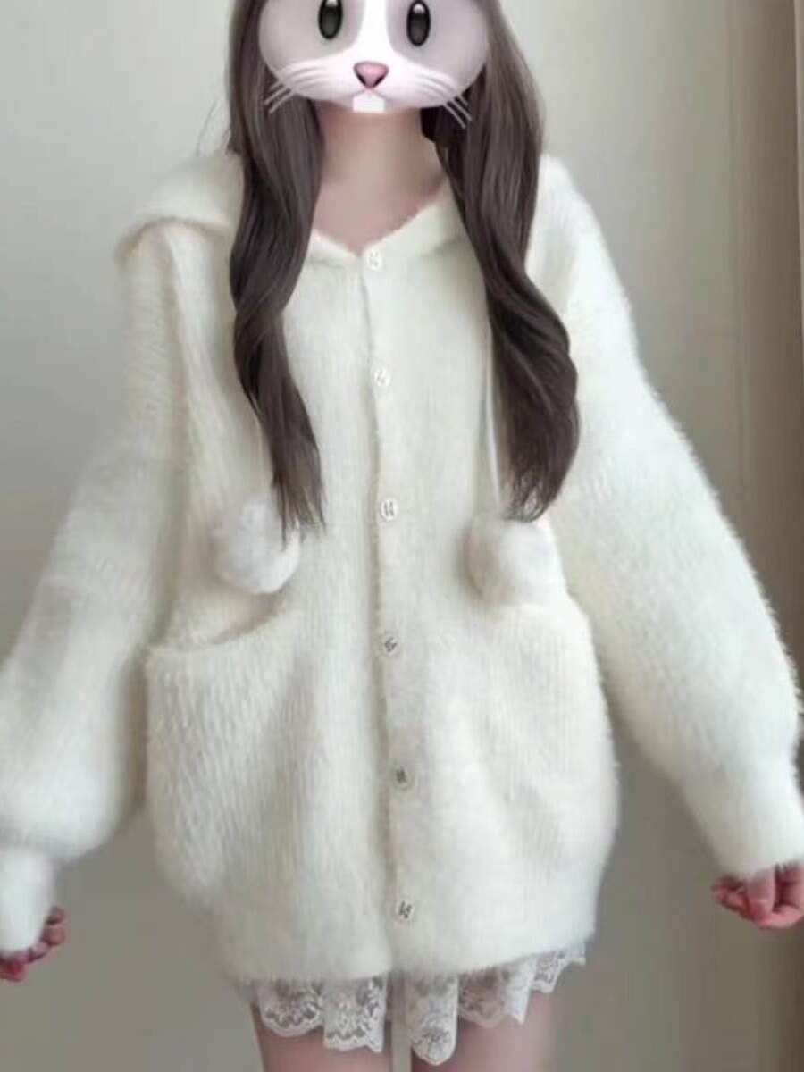 毛茸茸可爱兔耳朵针织毛衣外套女秋冬宽松显瘦软糯连帽小个子外套