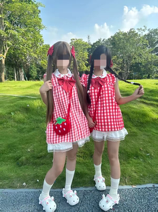 超萌可爱小飞袖Jk格子双子闺蜜网红同款少女连衣裙白色蓬蓬裙套装