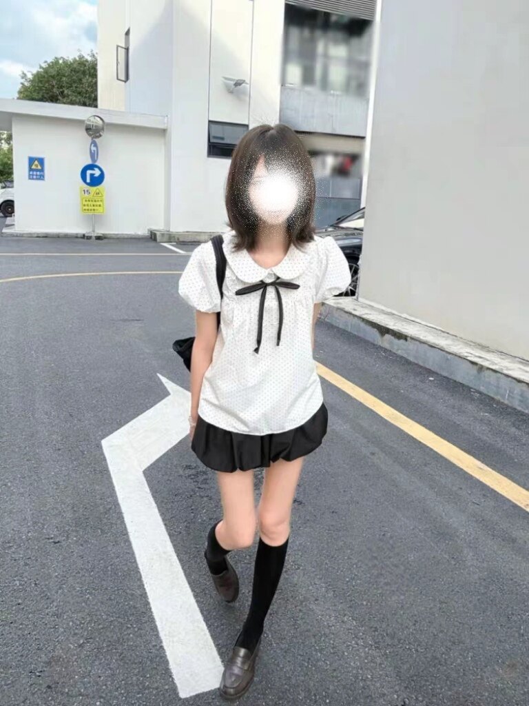 夏日甜美原创Jk制服娃娃领学院风波点衬衫叠穿黑色花苞裙显瘦套装