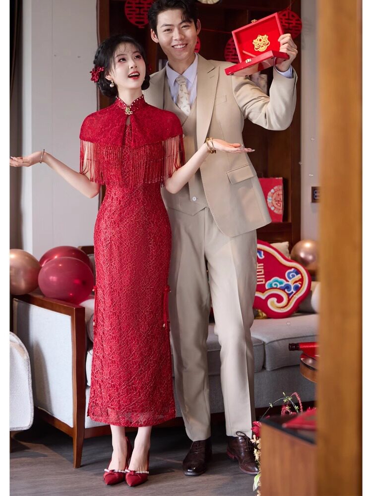 新中式旗袍敬酒服新娘高级感酒红色小个子订婚结婚礼服显白回门服