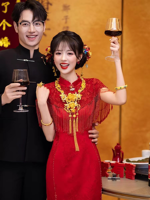 新中式旗袍敬酒服新娘高级感酒红色小个子订婚结婚礼服显白回门服