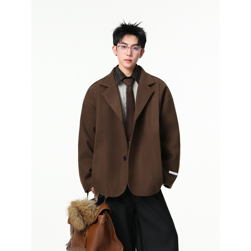 宅男社秋冬季新款男士西装领大衣短款毛呢大衣高级感宽松时尚韩版