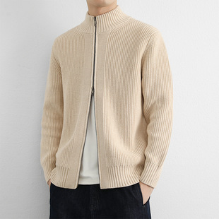 宅男社黑色双拉链立领开衫毛衣男秋冬款重磅半高领针织衫外套