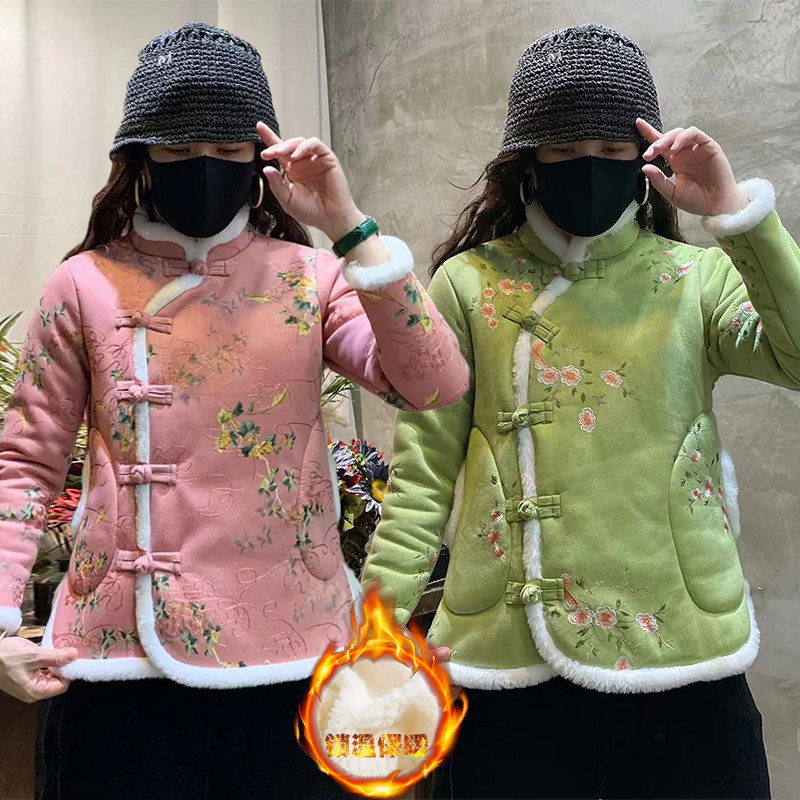 东北大花布棉衣外套麂皮绒棉袄加绒加厚民族风妈妈装盘扣棉服外套