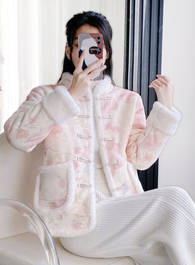 冬季新中式棉袄麂皮绒棉衣加绒加厚民族风妈妈装盘扣棉服外套女