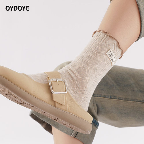 OYDOYC 秋冬季新款木耳边布标个性百搭中筒袜女款纯棉堆堆袜长袜