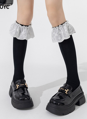 OYDOYC 秋冬新款芭蕾风花边小腿袜女款miu系lolita黑色长筒堆堆袜