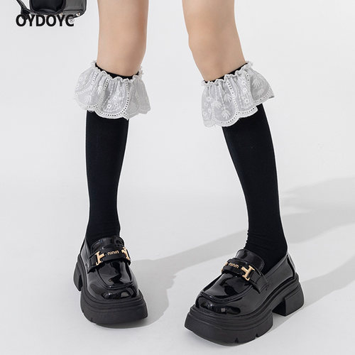 OYDOYC 秋冬新款芭蕾风花边小腿袜女款miu系lolita黑色长筒堆堆袜