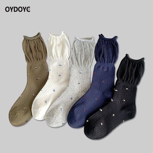 OYDOYC秋冬季新品芭蕾风袜子女款纯棉中筒袜碎花泡泡口长筒堆堆袜