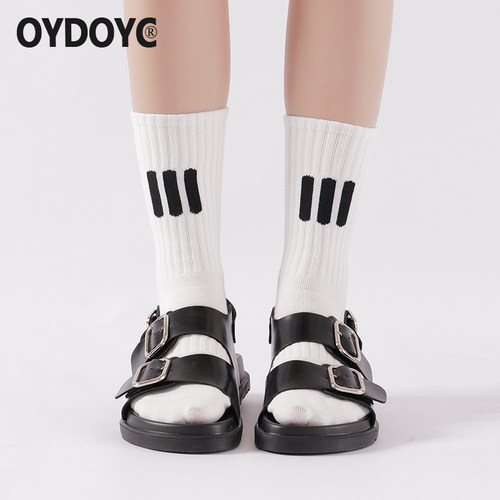OYDOYC三条杠中筒袜纯棉吸汗女袜