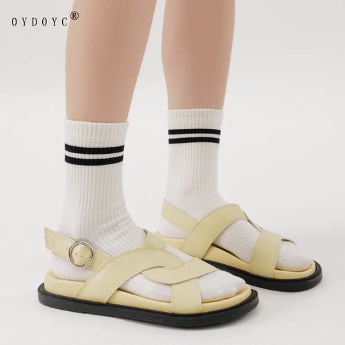 OYDOYC少女条纹两杆中筒袜四季时尚个性棉袜韩版无骨长袜潮流女袜