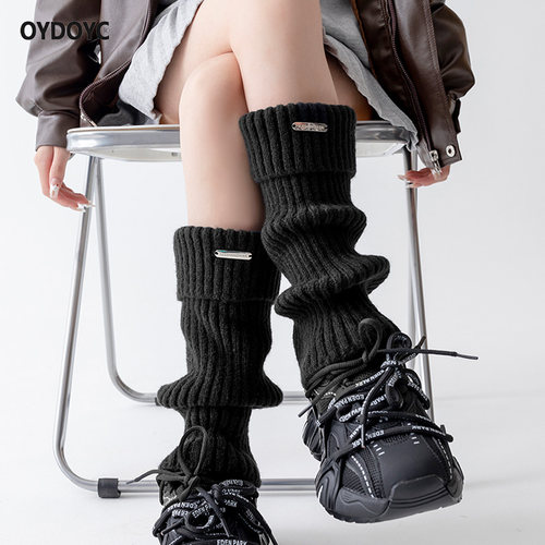 OYDOYC 冬天加厚保暖针织袜套女冬季日系黑色毛线堆堆袜高筒长袜