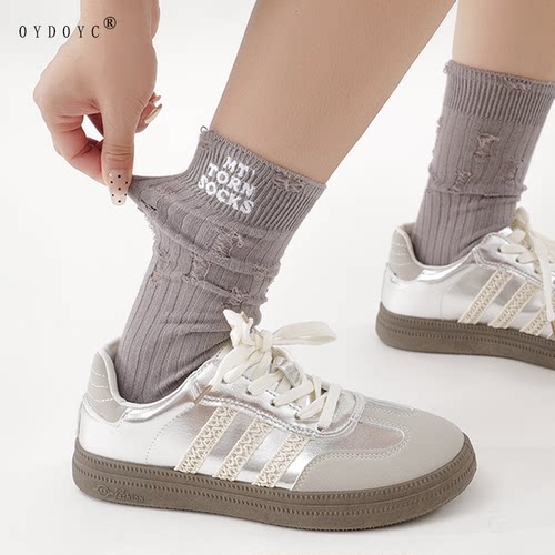 OYDOYC 灰色堆堆袜子女夏季薄款网红破洞中筒袜配凉鞋长袜乞丐袜