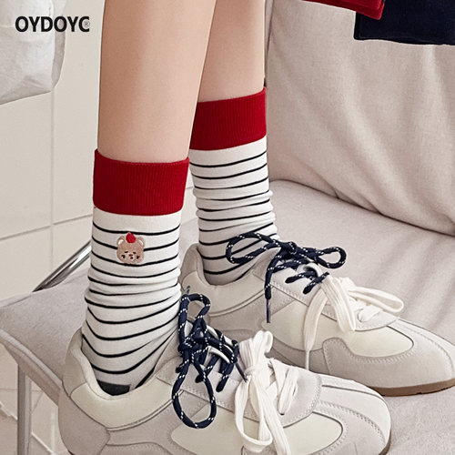 OYDOYC秋冬季新款小熊刺绣可爱条纹中筒袜女款日系百搭纯棉长袜潮