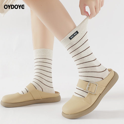 OYDOYC夏薄款原创设计款布标条纹中筒袜女韩版日系百搭学院风长袜