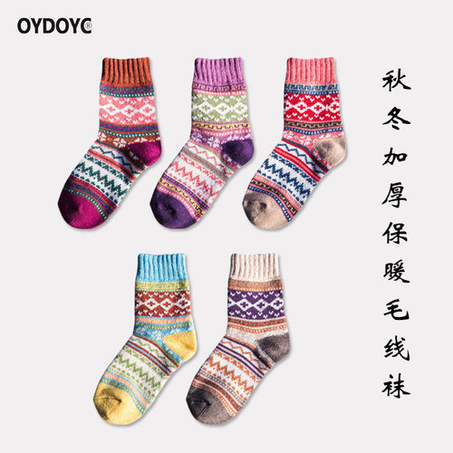 OYDOYC 秋冬季加厚保暖毛线袜子女款民族风中筒袜冬天家居睡眠袜