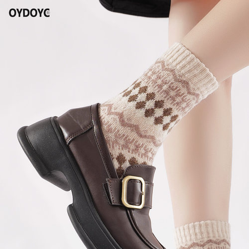 OYDOYC秋冬季加厚保暖羊毛袜女款复古费尔岛风中筒袜冬天厚袜女袜