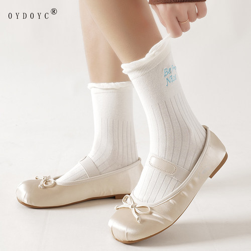 白色袜子女款刺绣卷边中筒棉袜