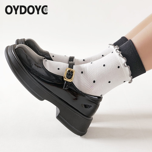 OYDOYC 波点花边袜子女日系甜美白色中筒袜纯棉薄款网眼透气长袜