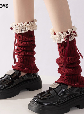 OYDOYC可拉红袜套女洛丽塔花边蝴蝶结长筒袜秋冬芭蕾风蕾丝堆堆袜