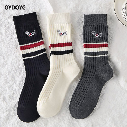 OYDOYC秋冬黑白条纹简约百搭中筒袜女双针纯棉小狗刺绣长袜堆堆袜
