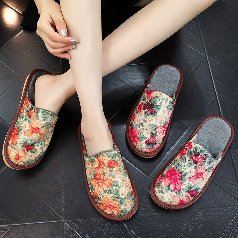 秋冬保暖防滑国墨花居家新棉拖鞋