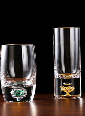 金箔水晶玻璃杯绿松石绿茶杯高档轻奢水杯家用高矮泡茶藏金杯子