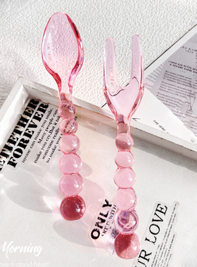 美国中古玻璃珠珠叉勺原创设计专利餐具玻璃勺子粉绿原色搅拌棒