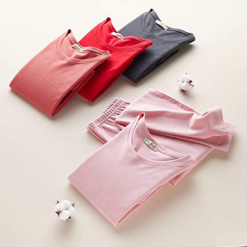 意大莱男女士情侣纯棉磨毛圆领内衣套装秋衣秋裤保暖内衣大红色