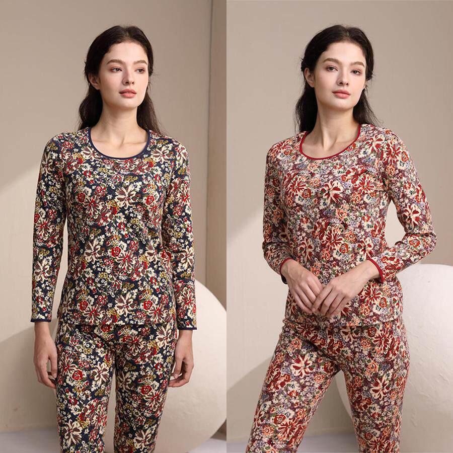 意大莱女士中老年枣红加肥大高腰加档保暖纯棉内衣套装秋衣秋裤