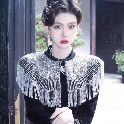 跨境欧美旗袍外搭披肩云肩晚宴派对礼服流苏亮片领饰高档手工肩饰
