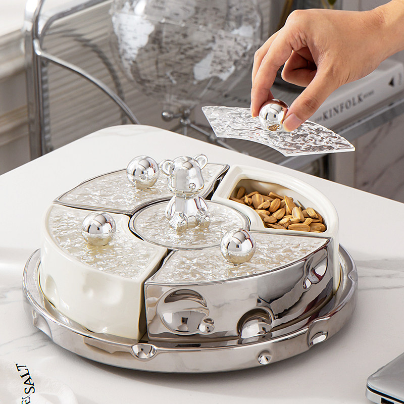 轻奢高档下午茶点心盘零食摆放盘干果碟糖果盒分格带盖陶瓷水果盘