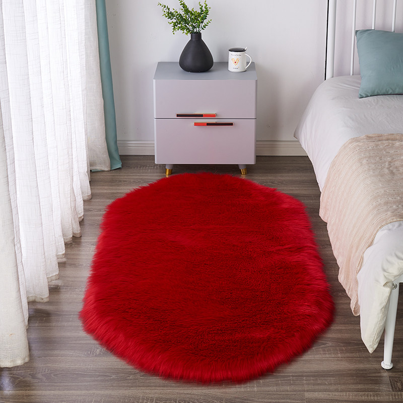 大红色地毯椭圆形卧室床边毯长毛绒家用床前婚房毛毯婚庆结婚地垫