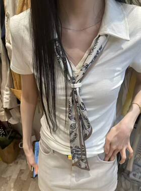 2026夏季新款韩版百搭显瘦设计感翻领带丝巾小众短袖T恤女上衣女