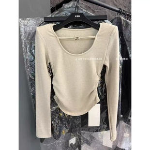 十三行U领长袖t恤女时尚洋气修身上衣打底衫2026春季新款打底衫