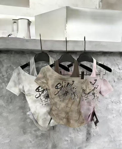 美式甜酷飒一字领露肩挂脖吊带假两件短袖T恤女辣妹扎染印花上衣