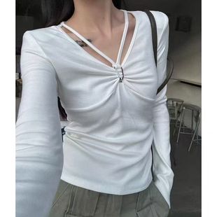 2026春季新款韩版设计感小众褶皱挂脖收腰显瘦打底衫上衣女