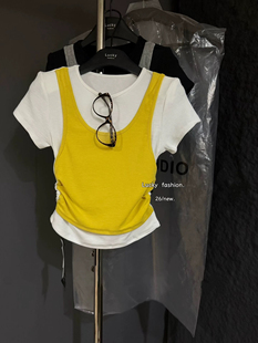 2026夏季新款韩版时尚百搭圆领拼接撞色假两件短袖T恤女修身上衣