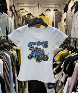 东大门2026夏季新款韩女穿搭卡戴珊美式正肩汽车恐龙印花短袖T恤